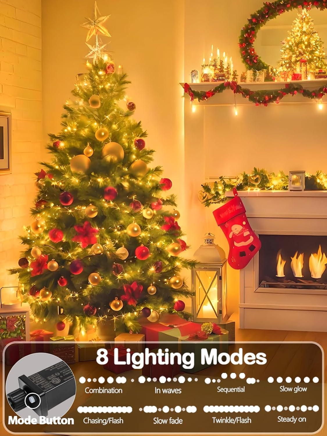 Upgraded 82FT 200 LED Christmas String Lights Outdoor/Indoor (Extendable Green Wire, Ultra-Bright with 8 Modes, UL Certified), Fairy String Lights for Xmas Tree Holiday Party Decoration, Warm White