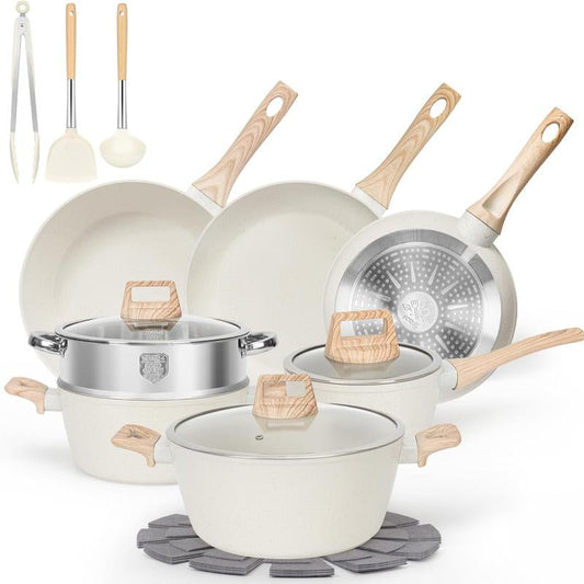SODAY 12Pcs Pots and Pans Set Non Stick Kitchen Cookware Sets Induction Cookware Nonstick Granite Cooking Set with Frying Pans, Saucepans, Steamer